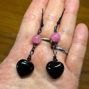 Black and Pink Heart Drop Earrings